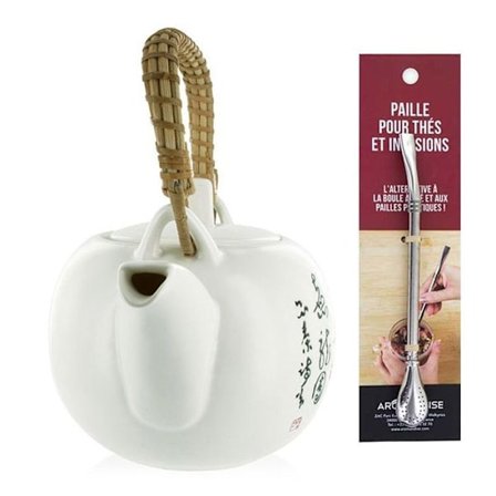 Jiangxi lergods tekanna 1 liter + sugrör i rostfritt stål med filter