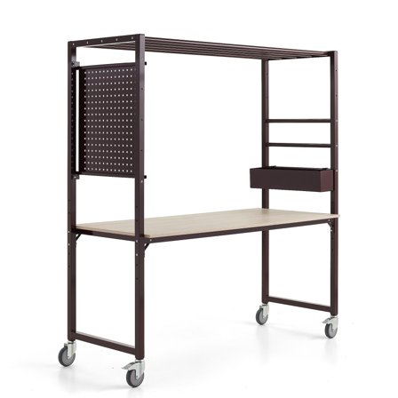 Mobiler Multitisch TEAMWORK, Zubehörbox, Werkzeugpaneel, Burgunderrot/Esche