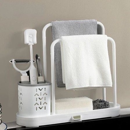 Køkkenhåndklæder, opvaskestativer, kopper, børster, ståluld, scrubbere, svampe, tilbehør til ophængning af viskestykker