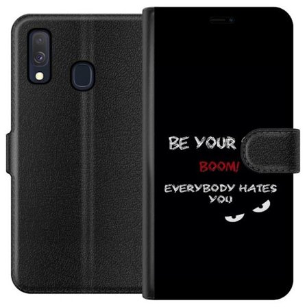 Kompatibelt Lommeboketui til Samsung Galaxy A40 Mørk minimalistisk tekstillustrasjon med ironisk budskap og truende øyne i svart kontrast