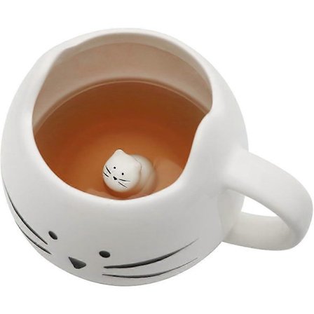 Søt Katt Kaffekrus for Katteelskere Kvinner Jenter Keramiske Kitty Vannkrus 35 cl Liten Kopp Hvit