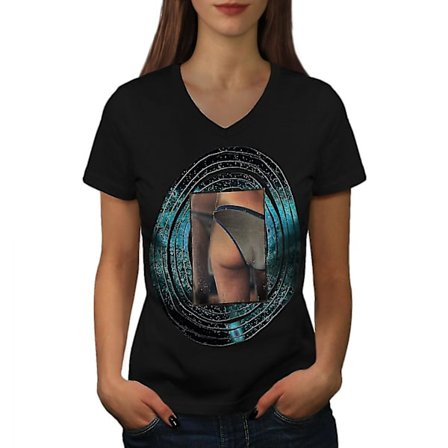 Ass Girl Space Naken Dam T-shirt med svart v-ringad hals