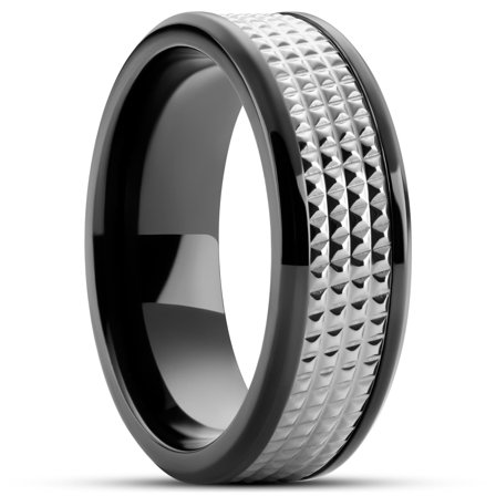 Hyperan | Anillo de titanio negro con patrón de diamantes plateados de 8 mm para hombres - Anillos de titanio