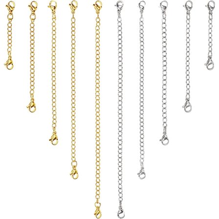 10 kappaletta ruostumatonta terästä, hopeisia ja kultaisia jatkoketjuja, eri kokoja, lukkoilla korujen, rannekorujen ja chokerien valmistukseen
