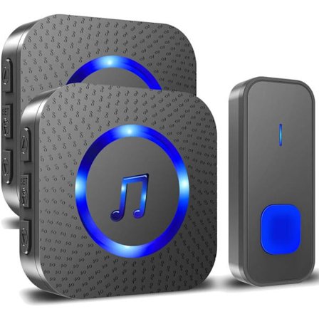 Trådløs ringeklokke 300M lang rekkevidde, vanntett elektronisk ringeklokke med 55 melodier og blå LED - 1 sender + 2 mottakere