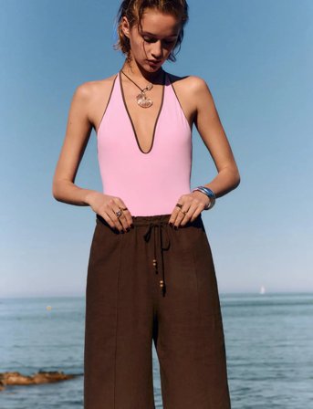 Mango Linen-Blend Elastic Waist Trousers - Brown - S