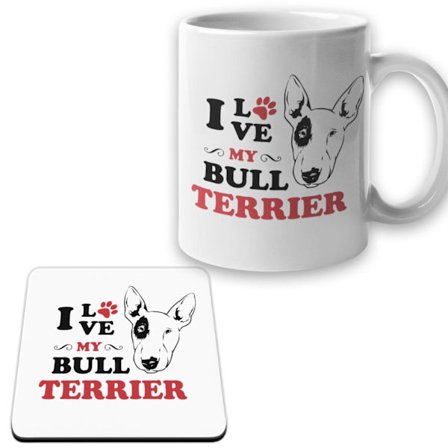 Bull Terrier Mugg + Underlägg paket I Love hund set