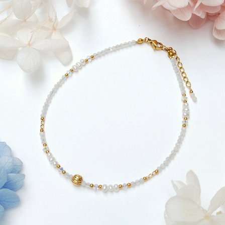 Lii Ji Månesten Natursten 2mm med Krystal Perlebesat Ankelkæde 24+3cm Håndlavede Bohème Smykker til Kvinder~1280