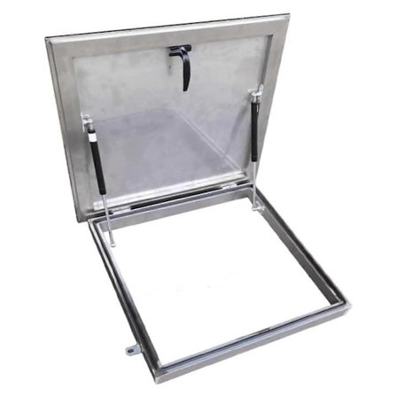 Takluke i rustfritt stål 60x60x7cm med gassfjærer og lås for tilgang til loft og kjeller for vedlikehold