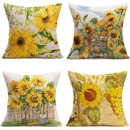 IC Putetrekk Vintage Solsikke Gul Dekorative Putetrekk Bomull Bildekor Kvadratisk 18 x 18 tommer Sett med 4 (Solsikke Sett)