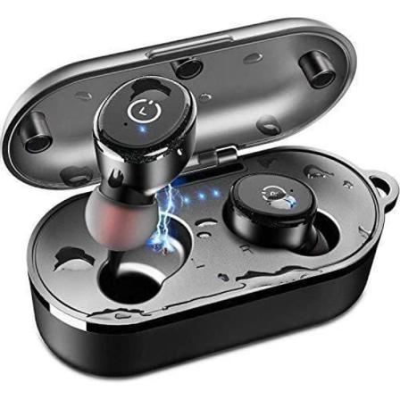 Trådlösa hörlurar med trådlöst case IPX8 vattentätt stereoheadset i örat(svart)