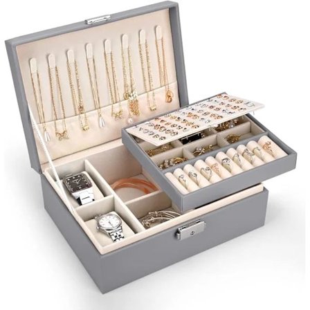 Smykkeskrin til Kvinder, 2-Lags Stort Smykkeskrin med 2 Urpuder, PU-Læder, til Øreringe, Ringe, Halskæder, Grå