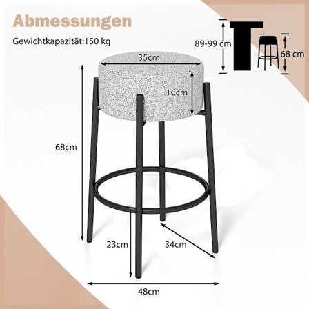 Barpall 68cm, vadderad sits, utan ryggstöd, metallram