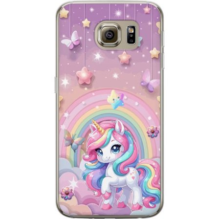 Kompatibelt Mobildeksel til Samsung Galaxy S6 Magisk enhjørning med regnbue manke, stjerner og sommerfugler mot en pastellhimmel med skyer