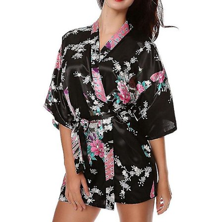 Kvinnor Blommig Siden Satin Kimono Morgonrock Klänning Sovplagg Badrock Black_qc