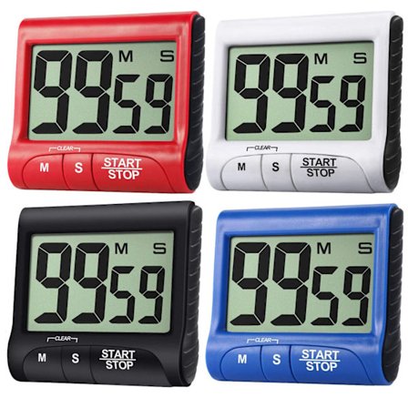 Set med 4 digitala kökstimer med stor skärm Magnetisk med högt larm, svart, vit, röd, blå