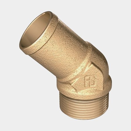 Embout de tuyau Guidi 45° Hose Connector Male, laiton, incliné 45°, 1" G (BSP) (extérieur) à 32 mm (1 1/4") flexible