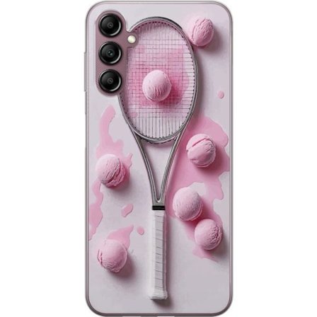 Kompatibel Mobilcover til Samsung Samsung Galaxy A14 5G Rosa glaskugler og tennisketsjer i et kreativt stillbillede med legende popfølelse og moderne