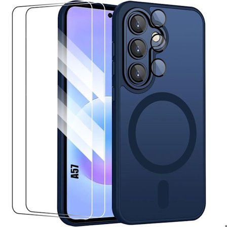Cover til Samsung Galaxy A57 5G, med magnetisk ring - marineblå - 2 hærdede glas