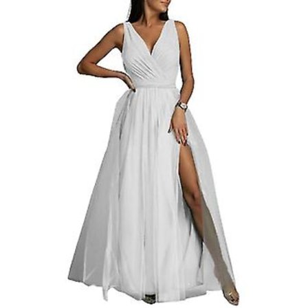 Dam V-ringad Brudtärne Bröllop Maxiklänning Dam Bal Klänning Afton Cocktail Party Delad Lång Klänning Bästa Presenten (S Vit)