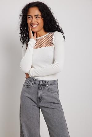NA-KD Haut en maille fine avec détails en résille - Pull à Découpes - OffBlanc - X-Small