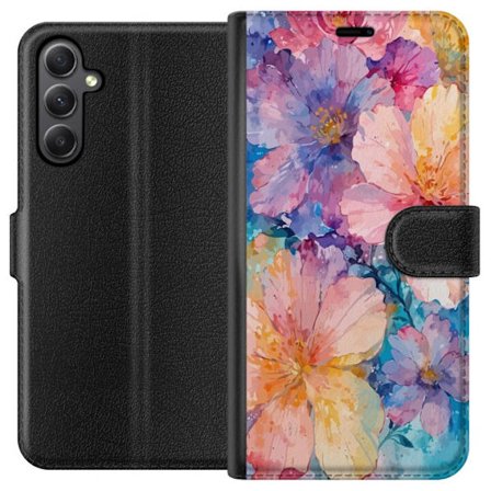 Kompatibelt Plånboksfodral till Samsung Samsung Galaxy A24 4G Akvarellmålning med stora blommor i rosa, blå och gula toner i en mjuk konstnärlig s