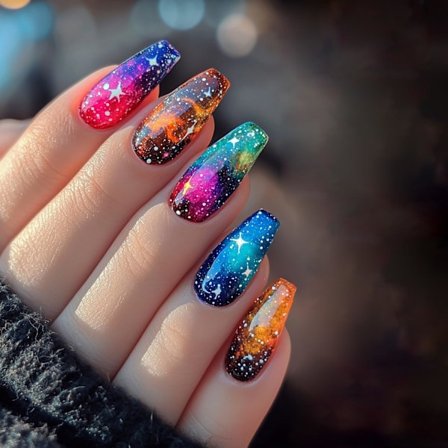 Press on Naglar Medium Balettformade Lösnaglar Färgglatt Stjärnhimmel Mönsterdesign Glitter Naglar Stjärnor Falska Naglar Konstgjorda Kistnaglar 