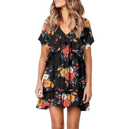 Sommarklänning Kvinnor Vintage V-ringad Snygg Print Ruffle Mini Sho