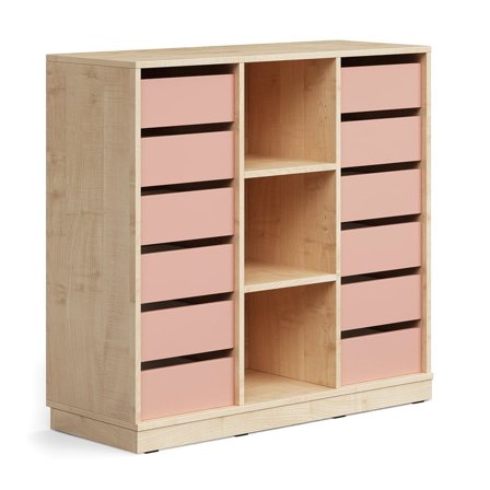 Student storage CASPER, 12 drawers, 3 compartments, base frame, birch/dark pink