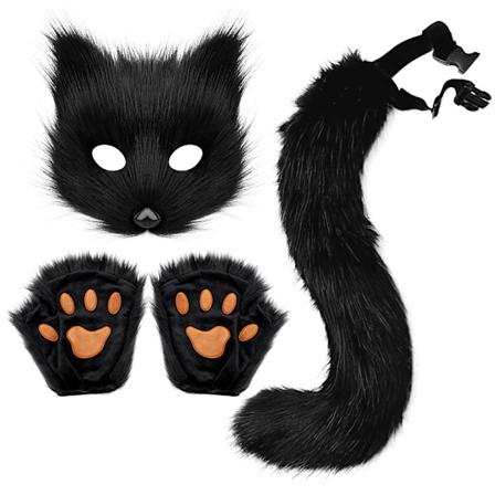 Halloween-kostyme simulering revmaske hansker plysj revhale håndlaget dyrehale cosplay rekvisitter tilbehør Black three piece suit One Size