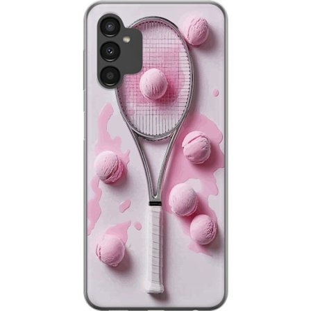 Kompatibel Mobilcover til Samsung Samsung Galaxy A04s Rosa glaskugler og tennisketsjer i et kreativt stillbillede med legende popfølelse og moderne d
