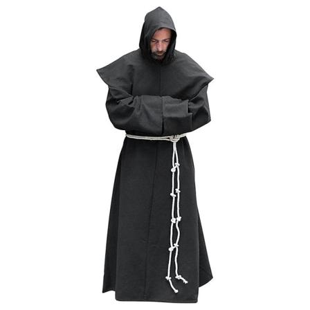 S-5xl Renaissance Munkki Papisto Habit Scapular Friar puku Uskonnollinen pyhä mekko puku Miesten pappi huppu Halloween asu Black 4XL