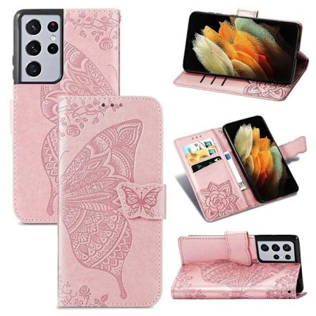 Samsung S21 Ultra Wallet Case PU-nahkainen 4-POCKET Motif Butterfly
