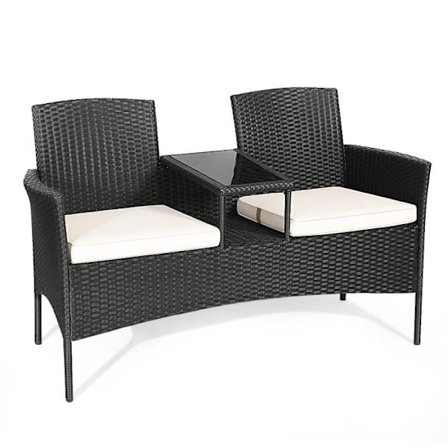COSTWAY Anti-UV polyrattan havebænk - 2 pers. - Integreret hærdet glasbord med tykke hynder L138 x D61 x H85 cm Hvid