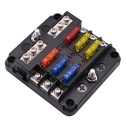6-vägs 12V säkringsbox, säkringshållare blad säkringsblock med 16 säkringar 6 LED-indikatorlampor skyddande lock för 12V/24V bilfordon båt marin 
