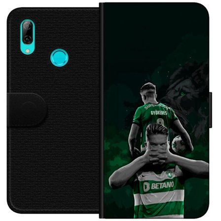 Kompatibel Tegnebogsetui til Huawei P smart 2019 Neonmotiv med teksten "Gaming er i mit DNA" på en blå og rød murvæg med en lysende DNA-spiral.