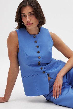 NA-KD Débardeur boutonné sur le devant en lin mélangé - Vêtements en lin - Bleu - EU 34