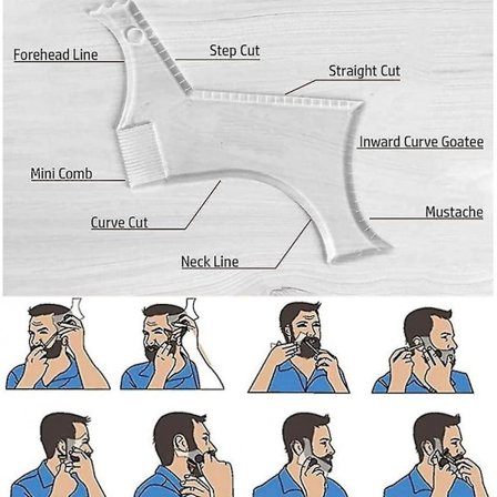 Partaopasmuotoilutyökalu tai läpinäkyvä sapluuna, joka on yhteensopiva trimmaamisen ja parranajon kanssa, sapluunamallit, joissa on 4 muotoilulinjaa 