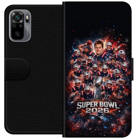 Yhteensopiva Lompakkokotelo Xiaomi Redmi Note 10S Super Bowl 2026 juliste, jossa New England Patriots ja NFL-mestaruuspalkinto räjähtävän urheilullise