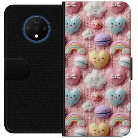 Kompatibelt Lommeboketui til OnePlus 7T Pastellmotiv med hjerter, skyer, regnbuer og makroner mot rosa bakgrunn i en søt drømmende stil.