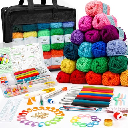 Inscraft Virkgarn Kit för Nybörjare Vuxna & Barn, Inkluderar 1500 Meter 30 Färger Akryl Nystan, Virknålar, Lila Väska etc, Gör Amigurumi & Croc