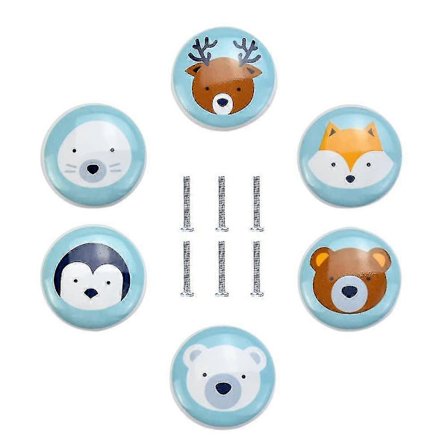 Pakkaus, jossa 6 keraamista huonekalunuppia, laatikon nuppia, eläinkuvioisia keraamisia nuppeja lastenhuoneen huonekaluihin (sininen)