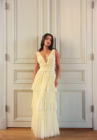Bubbleroom Occasion - Frill Dotted Tulle Gown - Butter Yellow - Kläder