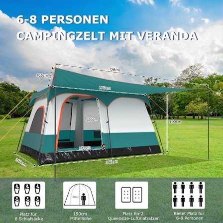 Suuri teltta, jossa markiisi & lattia & 2 huonetta & 2 sisäänkäyntiä & kantokassi retkeilyteltta perheteltta M