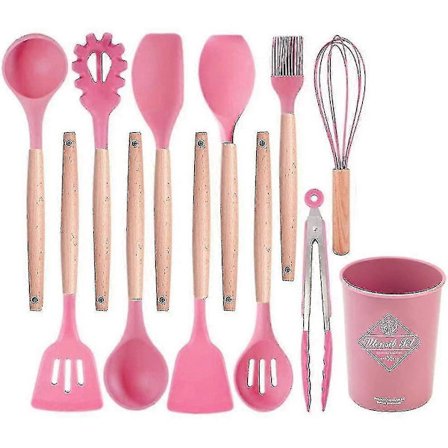 12-pak Silikone Køkkenredskabssæt med Naturlige Træhåndtag til Hjem, Hus, Lejligheder
