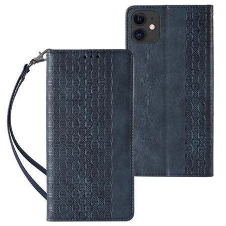Magnet Remfodral för iPhone 12 Pouch Plånbok + Mini nyckelband Hänge Blå