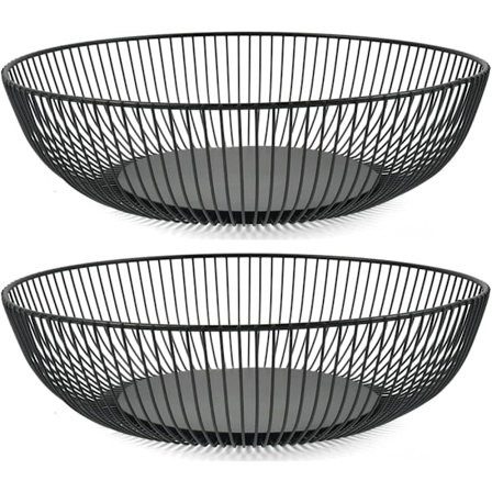 2 kpl musta metallinen hedelmäkori, hedelmäkulho, metallia, 28x7,5 cm kulho, teräslanka pyöreä, moderni hedelmäkori hedelmille, vihanneksille ja 