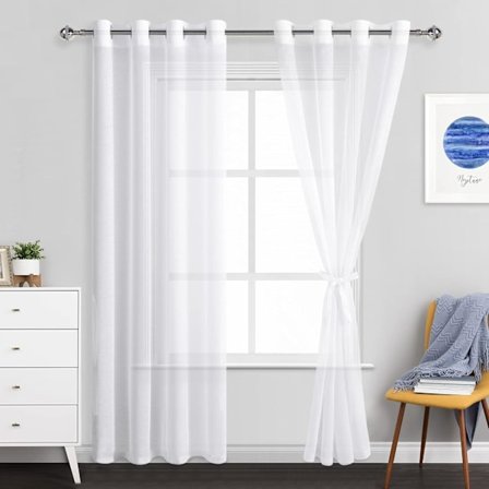 Hvide, gennemsigtige gardiner 213 cm lange - Semi-transparente paneler med øjer (sæt med 2) - 132 cm brede med bindebånd til soveværelse og stue
