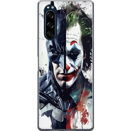 Yhteensopiva Puhelinkuori Sony Sony Xperia 5 Jakettu muotokuva Batmanista ja Jokerista dramaattisessa kuvituksessa, kuvankaunis supersankariteema tumm