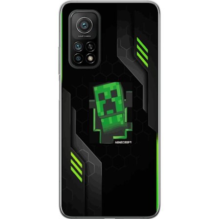 Kompatibelt Mobilskal till Xiaomi Xiaomi Mi 10T Pro 5G Grön pixelbaserad creeperliknande spelillustration med futuriska neoninslag och mörk techbakg